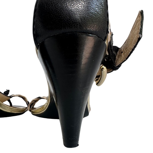 EUC Michael Kors Black Gold Tan Woven Leather Heel Sandals Sz 7.5 M - Picture 6 of 11